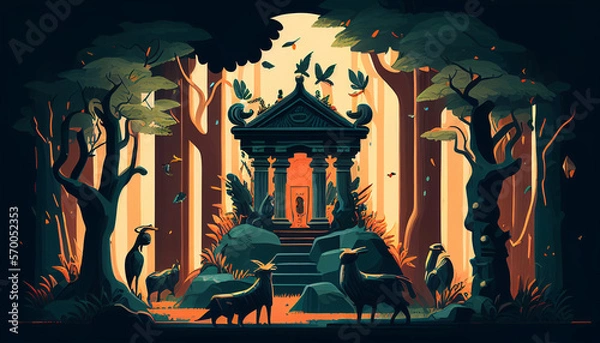 Fototapeta Forest Temple In Medieval Flat Illustration Generative AI