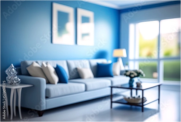 Obraz Blurred Living Room with Blue Tone Wall and Sofa for Background - Post-processed Generative AI