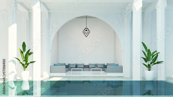Obraz 
Modern luxury riad living room garden and swimming pool in courtyard, morocco style - 3D render