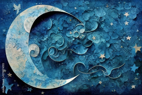 Obraz Relaxing moon illustration sleep dreaming dreams dreamy restful calm peaceful night goodnight crescent moon sweet starry night sky Mixed Media style collage art  (generative AI, AI)