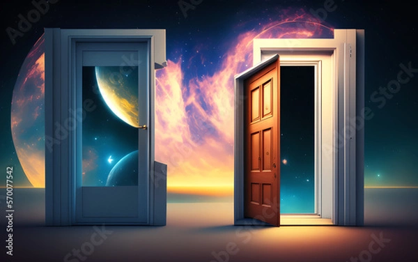 Fototapeta View through to the door onto fantasy planet somewhere in the universe. Generative Al Illustration.