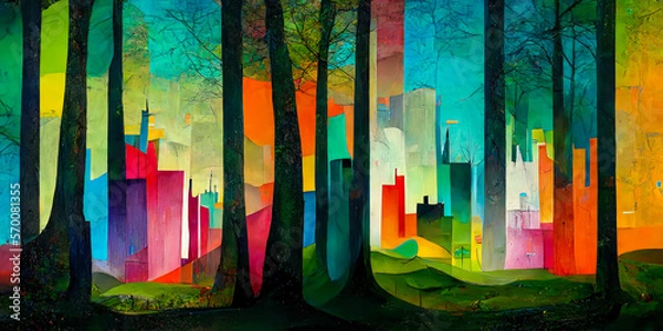 Fototapeta A dynamic mural where the skyline of a modern city and the dense greenery of a forest blend together for a unique and attractive visual effect. Generative AI