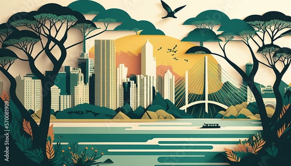 Obraz Brazilian Big City illustration. Sao Paulo, Brazil. Multi layers, Paper-like. Generative AI.