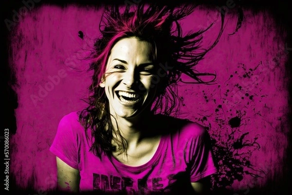 Fototapeta Grunge woman happy studio lighting magenta copyspace, concept of Moody Portrait and Retro Aesthetic, created with Generative AI technology