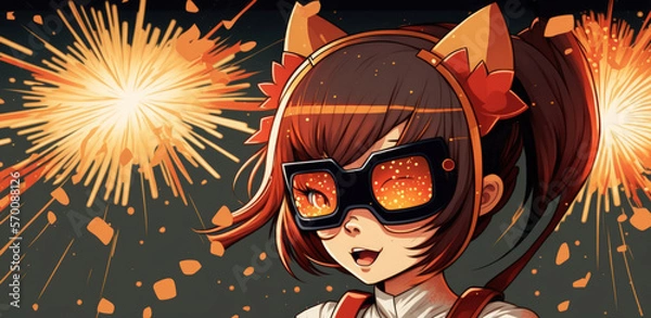 Fototapeta Japanese girl wearing a fox mask and fireworks. Generative AI