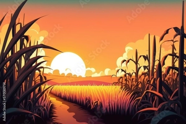 Fototapeta Sugarcane field at sunset. sugarcane is a grass of poaceae family. it taste sweet and good for health. Well known as tebu in malaysia. Generative AI