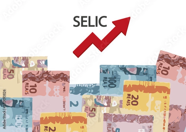 Fototapeta Change in Selic rate, arrow poiting to up showing increasing  – Basic interest tax at Brazil. Brazil public and private banks use rate 