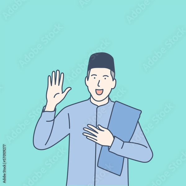 Fototapeta Happy moslem man while waving his hand to greet, hand drawn style vector design illustrations