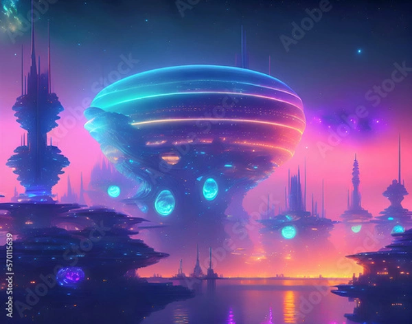 Fototapeta Fluorescent luminescent city located on the edge of the Galaxy. Town lights luminating sky. Generative AI