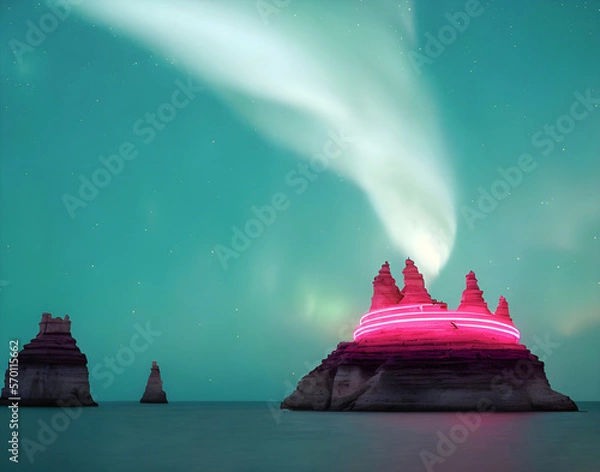 Fototapeta Fluorescent luminescent mountain located on the edge of the Galaxy on the sea. Town lights luminating sky. Generative AI