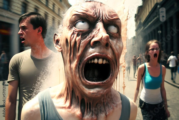 Fototapeta Horror, people are burning and melting in the middle of the street as global warming reach catastrophic proportions, the sun radiaion is severe, skin and eyes melting, blood and liquid, futuristic