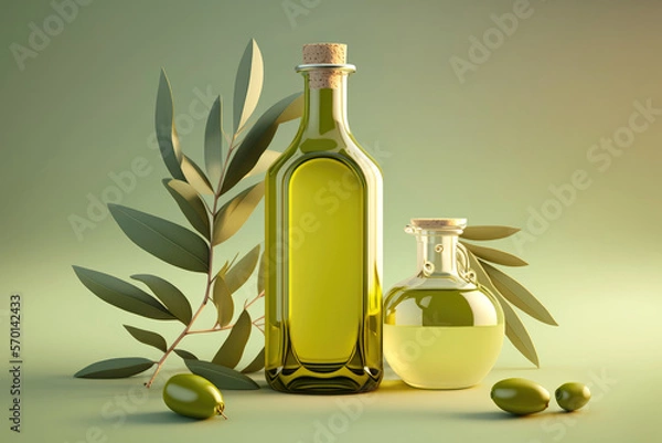Obraz Olive oil in a glass bottle with cork and a small jug on light green backgroung. Generativa AI.