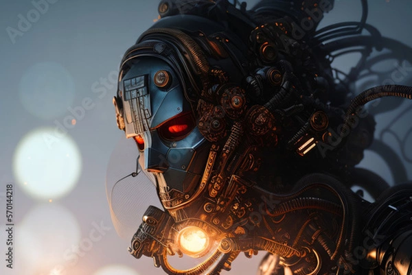 Fototapeta Robot Cyborg Dark Metal Glowing Red Eye Cyberpunk Tubes and Pipes Mechanical Generative AI Illustration