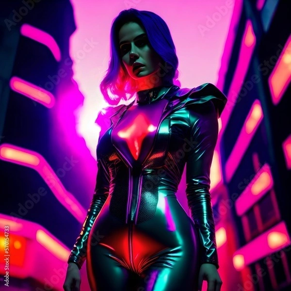 Fototapeta cyberpunk future woman in rubber latex suit with neon light, generative art by A.I.