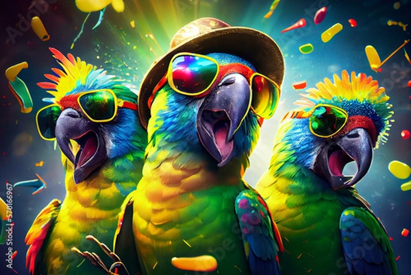 Fototapeta 3 fröhliche bunte Papageien mit Partybrillen in Partystimmung. Generative Ai.
