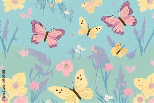 Obraz Butterflies in meadow and flowers on colorful pattern background.Ai generated