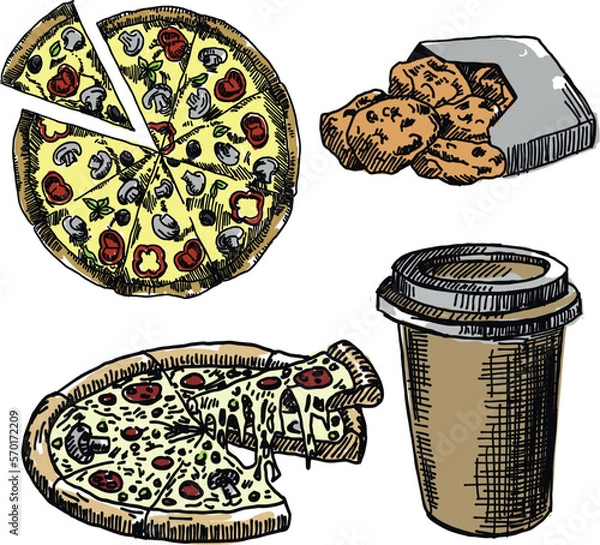 Obraz vector illustration of food fast food pizza nuggets drink