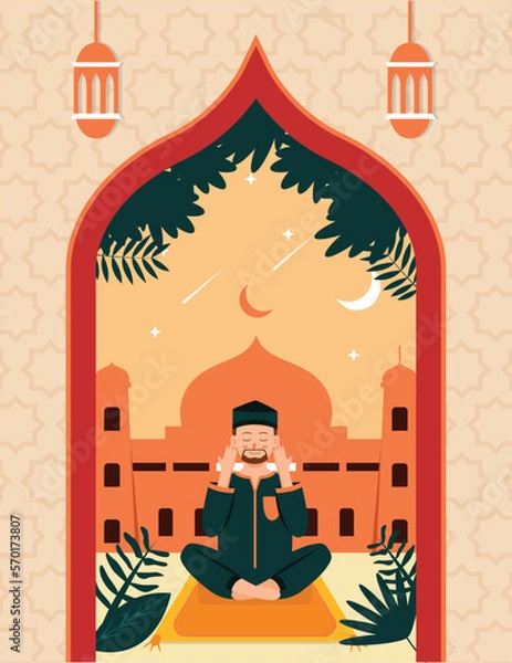 Obraz A Man in Contemplation on his Prayer Mat at the Mosque during Ramadan Sunset