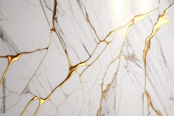 Fototapeta Polished white marble with gold veins. Abstract background texture.