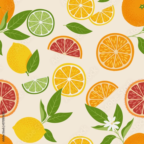 Fototapeta Tropical seamless pattern with yellow lemon, orange, lime, and grapefruit. Citrus Fruit background. Vector Illustration for print fabric or wallpaper