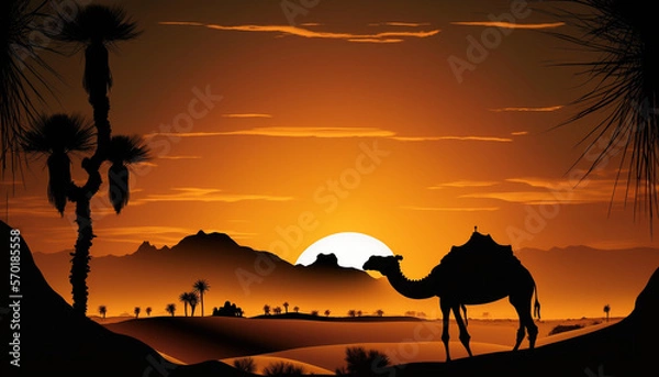 Fototapeta A Camel Silhouette on Desert Landscape While Sunset Created With Generative Ai