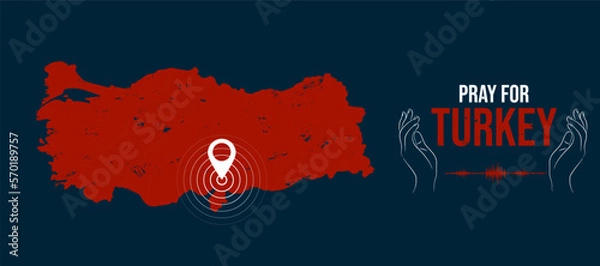 Fototapeta Pray for Turkey background banner with map and hands praying. Turkey under earthquake on February 6, 2023. Vector art illustration