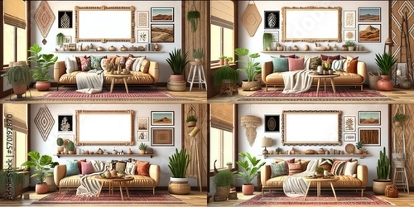 Fototapeta Mockup frame in interior background, room in warm tone, Scandi-Boho style, Generative AI