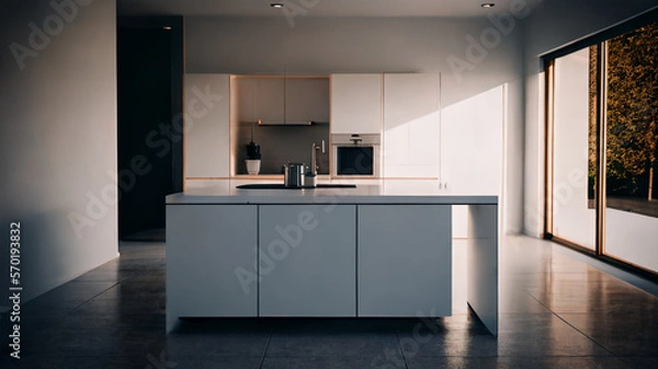 Fototapeta Modern Minimalist Kitchen Interior Design With Kitchen Island Table Created With Generative Ai
