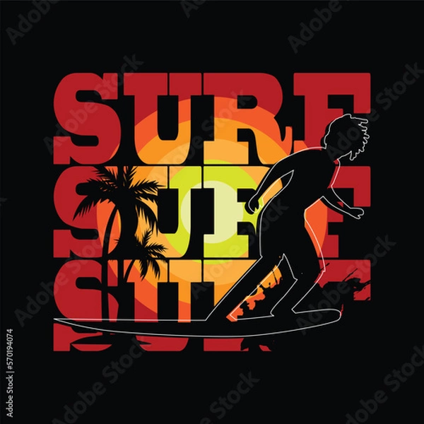Fototapeta surfer silhouette with sunset text and beach background