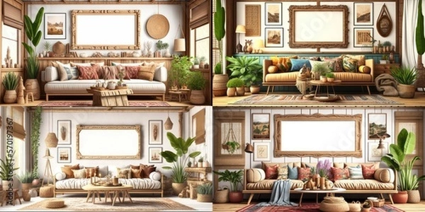 Fototapeta Mockup frame in interior background, room in warm tone, Scandi-Boho style, Generative AI