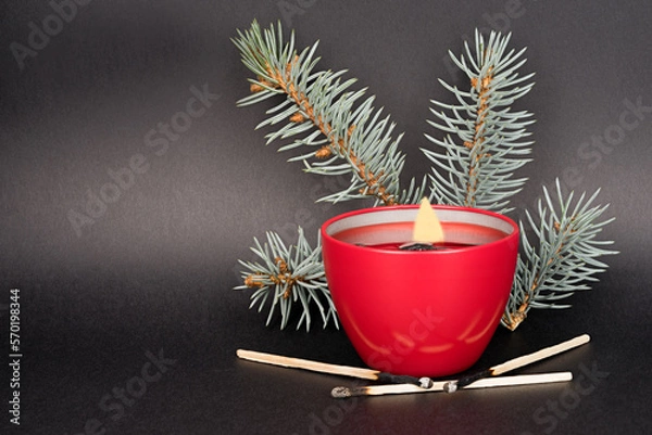 Obraz Candle with pine branch on a black background