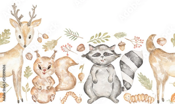 Fototapeta Watercolor hand painted forest animal seamless border. Woodland animals repeat pattern. Design for baby shower invitation, card, textile. Cute animals paper, children design, frame
