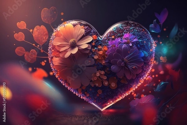 Fototapeta Colorful 3d Valentine Hearts with Flowers Elements and Bokeh Effect generative ai