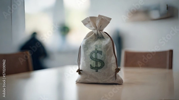 Fototapeta Miniature Of a Money Bag With a Dollar Symbol On The Table Created With Generative Ai