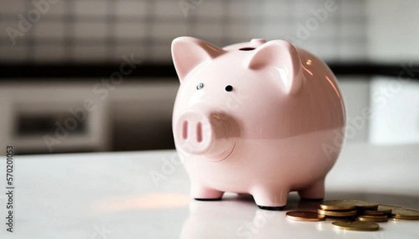 Fototapeta Pink Piggy Bank on the Table with Coins And Blurry Background, Investment Illustration Created with Generative Ai