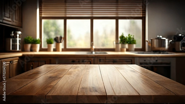 Fototapeta Empty Oak Kitchen Table For Product Placement with Blurry Kitchen Interior Background 3D Rendered Created With Generative Ai