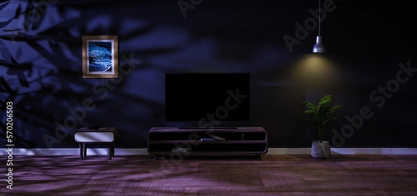 Fototapeta Blank dark off TV screen over stylish wooden console with dark background. 3D rendering, mock up