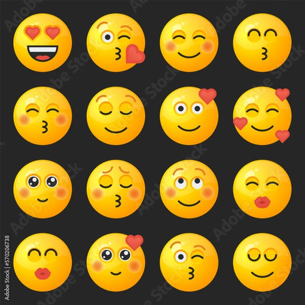 Fototapeta Set of yellow round emoticons for social networks or web design with different facial expressions.