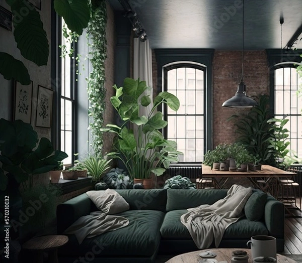 Fototapeta A plant decorated industrial style apartment living room with large windows. Generative ai composite