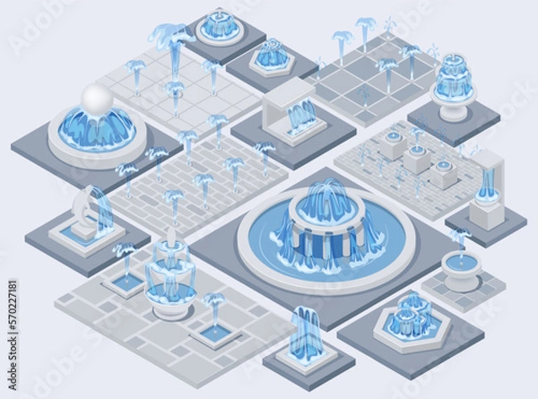 Fototapeta Isometric fountain set with outdoor park cascades isolated vector illustration EPS10. Vintage and modern architecture decor with splashing drops.