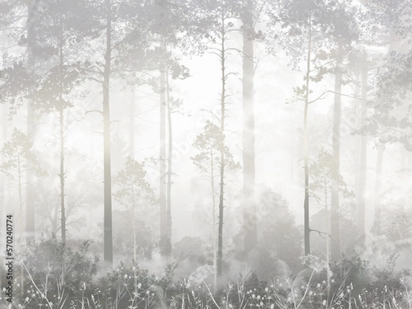 Obraz misty forest in the fog wallpaper black and white