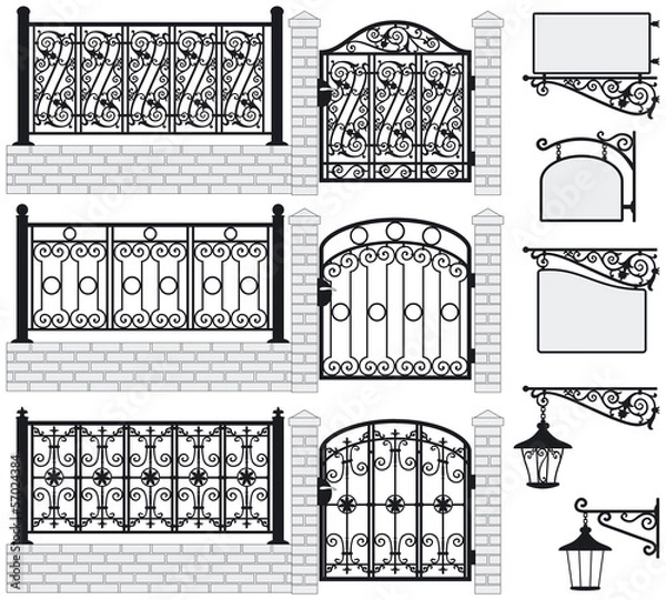 Fototapeta Set of iron wrought fences, gates, signboards, lanterns.Vector