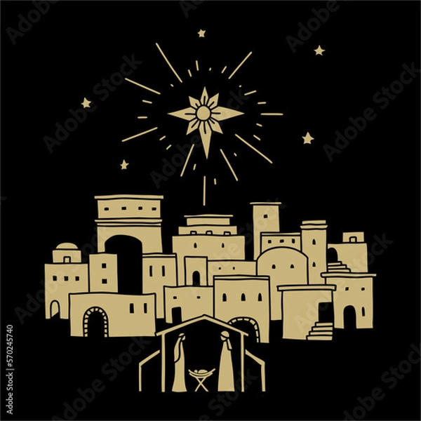 Obraz Vector doodle illustration. Star over Bethlehem. Mary, Joseph and baby Jesus in the stable.