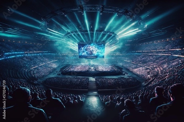 Obraz An esport event with a lot of people in a stadium with neon. Lots of gamers watching the tournament  live in the big screens. Generative IA	