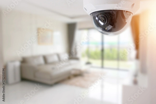 Fototapeta Living room interior with comfortable sofa, view through CCTV security camera