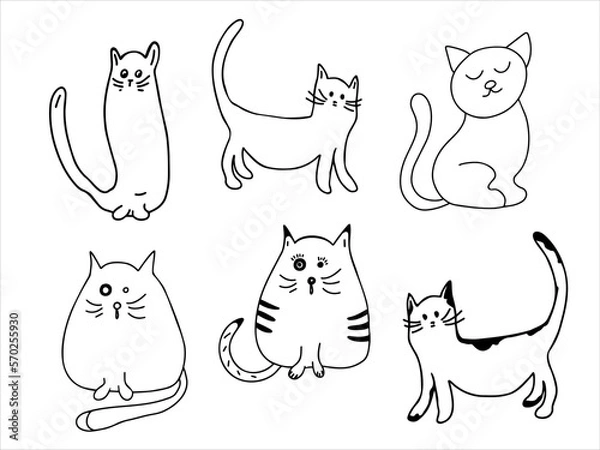 Obraz Vector set. Cute cats. Vector black and white hand-drawn doodles. Template design, clipart, logo, sketch.