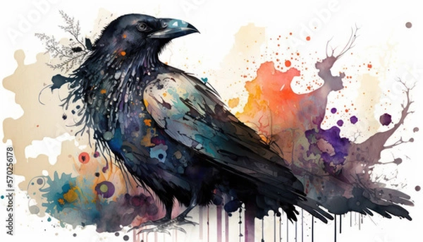 Fototapeta Black crow watercolor paint art. Generative AI