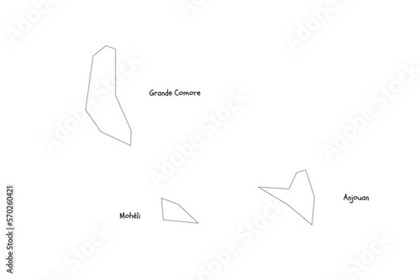 Fototapeta Comoros political map of administrative divisions - autonomous islands. Handdrawn doodle style map with black outline borders and name labels.