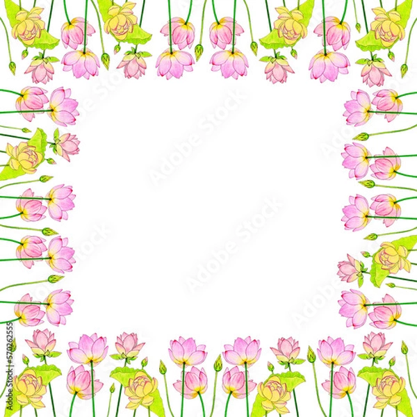 Obraz Trendy abstract square frame with pink lotuses, buds, green leaves, painted with watercolor pencils. Suitable for fabrics, prints, postcards, invitations, banners design, internet ads and more.