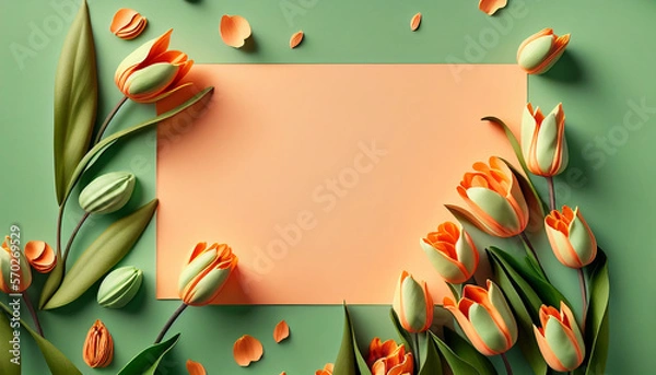 Obraz Greeting card, top view of coloful tulips with frame for text, 8 march, International Women's Day, Ai generated